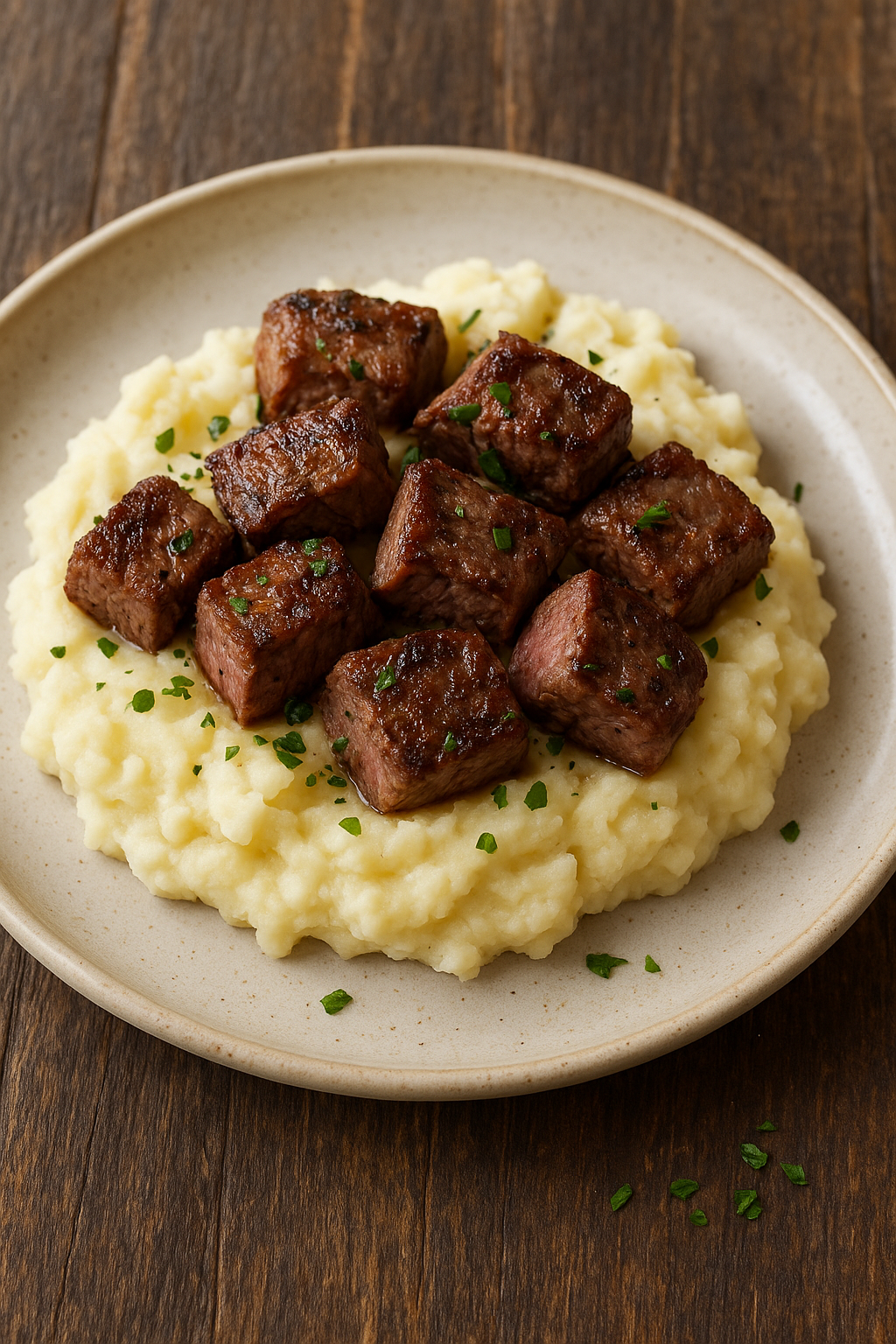 Steak Bites with Mashed Potatoes